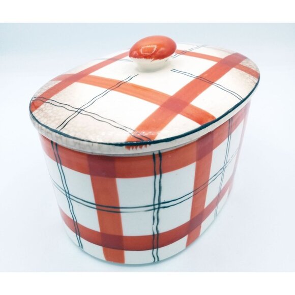 Red Plaid Storage Container Hand Painted Ceramic Crazed Vintage Takito Company - Picture 4 of 16
